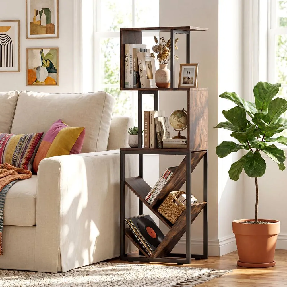 Costway 6-Tier Bookshelf Industrial Bookcase Wooden S-Shaped Storage Organizer in Brown 3