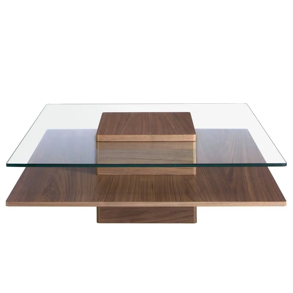 Angel Cerda Square Tempered Glass Coffee Table with Walnut Veneer in Brown 2