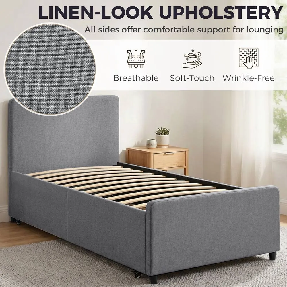 HOMCOM 90 x 190 cm Upholstered Single Bed, Pull Out Trundle Bed in Dark Grey 5