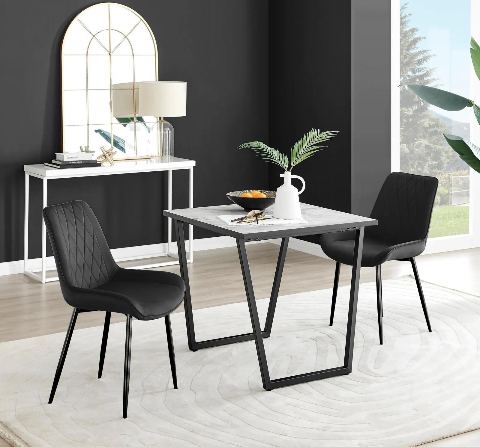 FurnitureboxUK Carson White Marble Effect Square Dining Table & 2 Velvet Pesaro Black Leg Chairs
