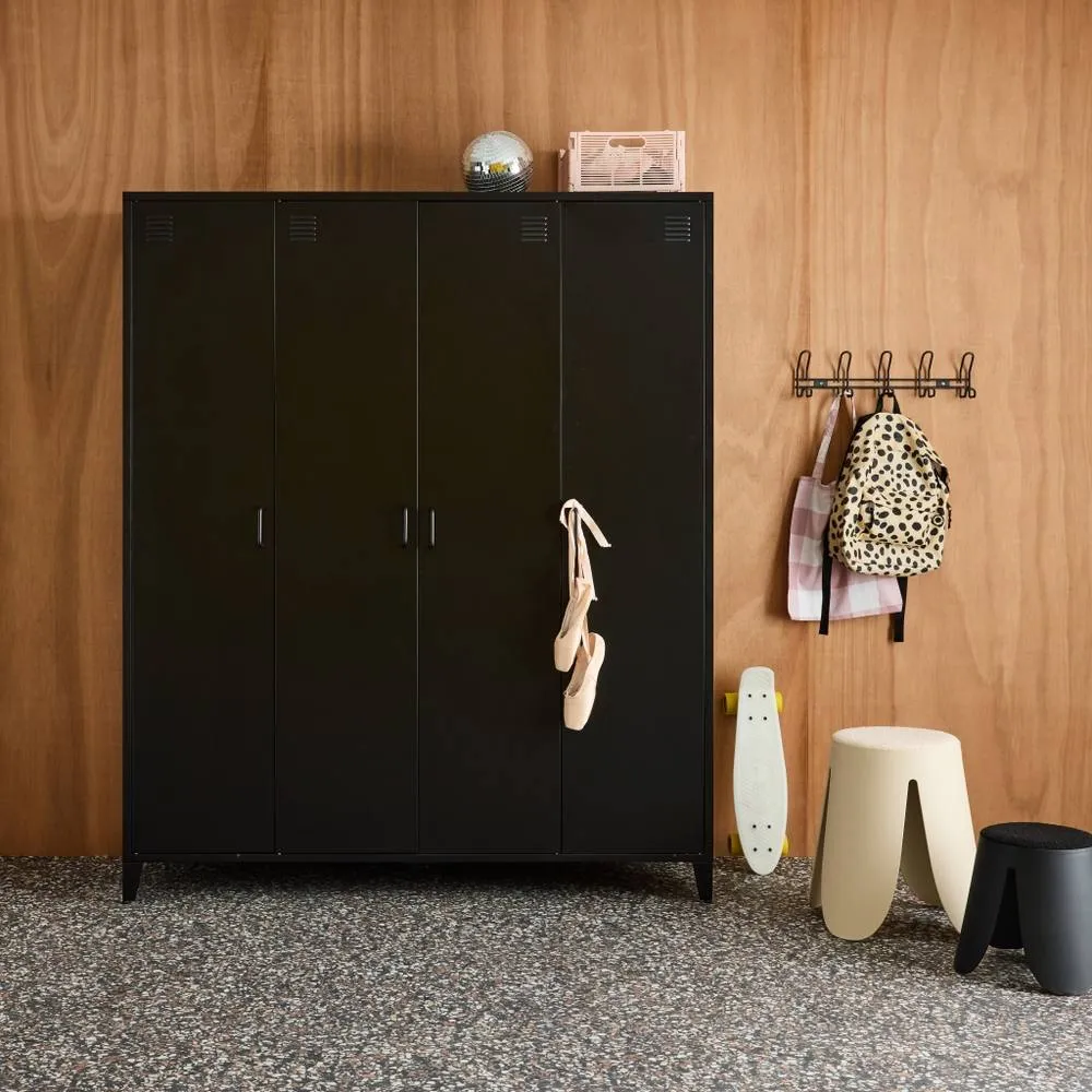sweeek Industrial metal wardrobe for bedroom, 4 doors, 10 shelves, 1 hanging in Black 1
