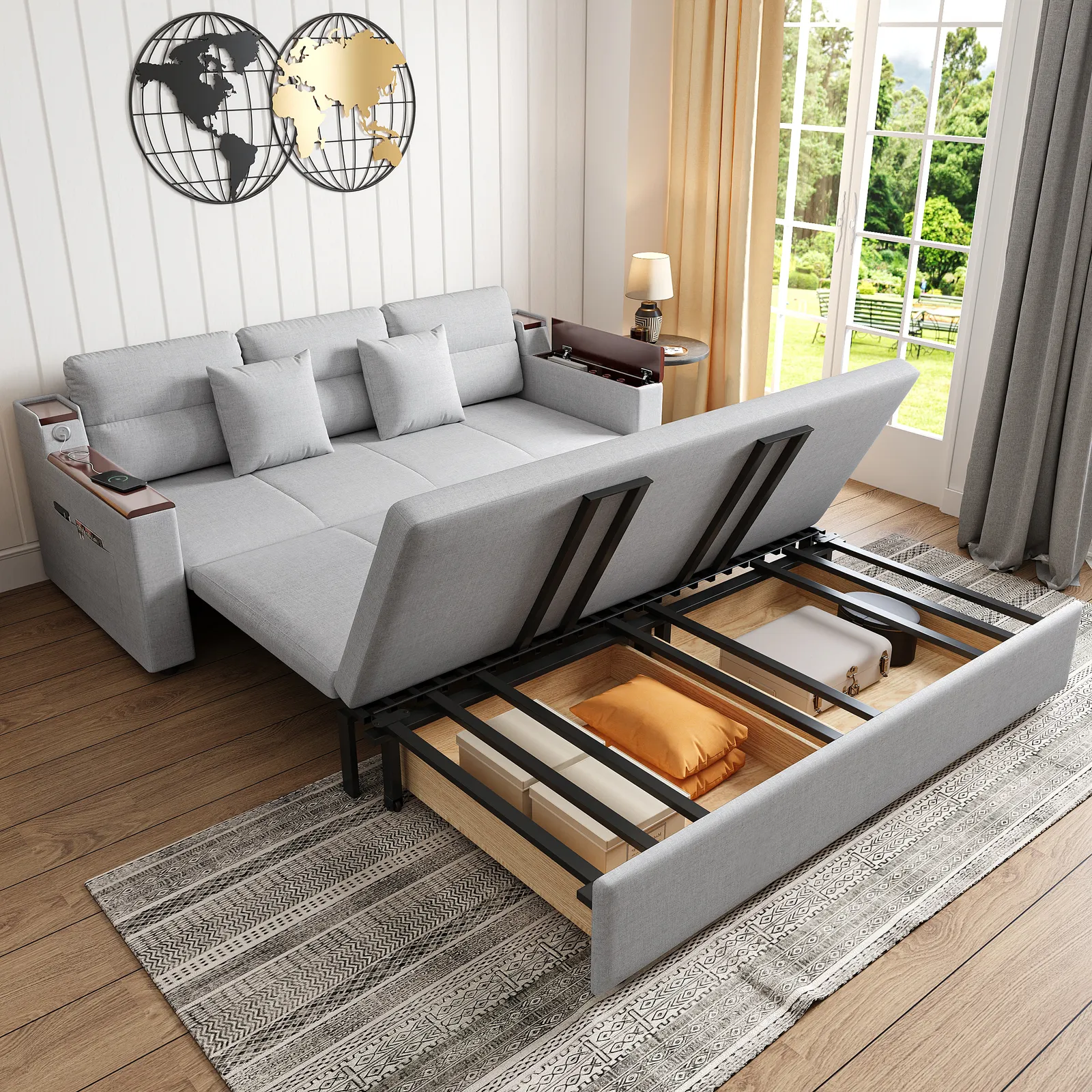 King Size Daybed with Trundle Linen Pull Out Sofa Bed