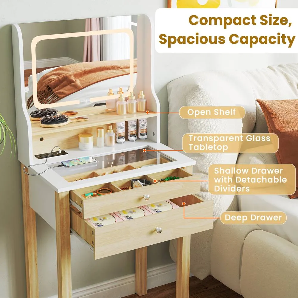 Costway Vanity Desk with Mirror & Lights Small Makeup Table w/3 Light Modes in White 3