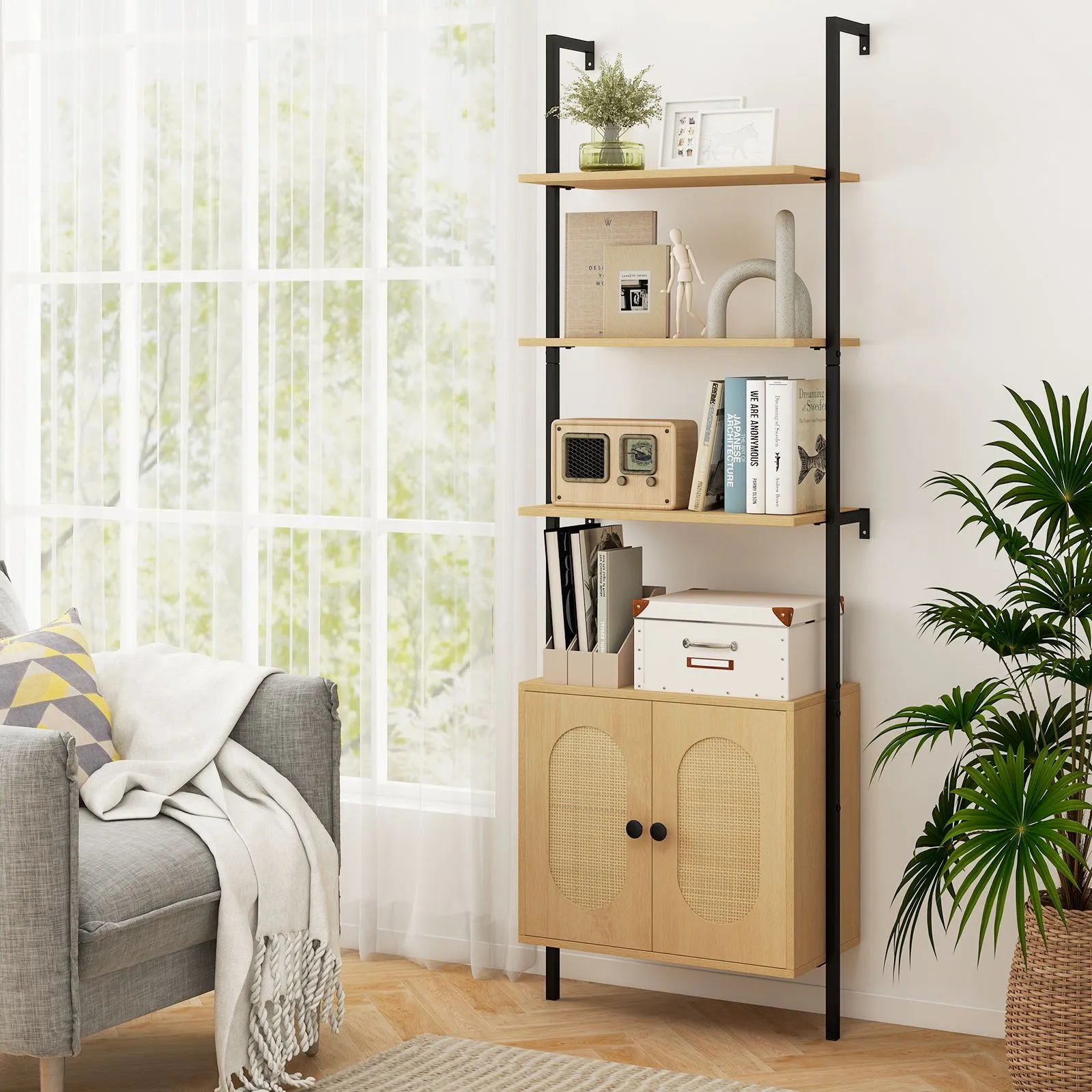 Costway Wall Mount Bookshelf Storage Shelves 6-tier tall display rack w/ Cabinet in Natural 3