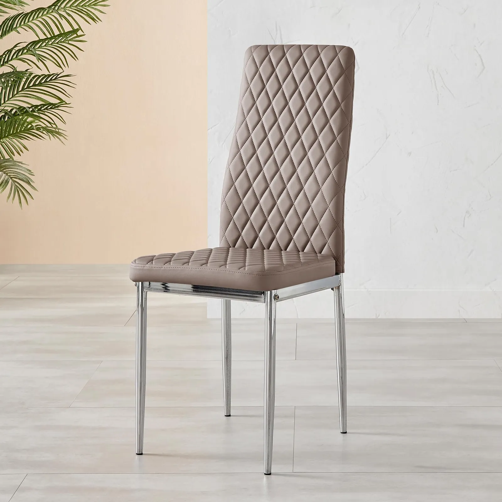 FurnitureboxUK Set of 6 Milan High Back Soft Touch Diamond Pattern Faux Leather Dining Chairs With Silver Chrome Metal Legs in Beige 4