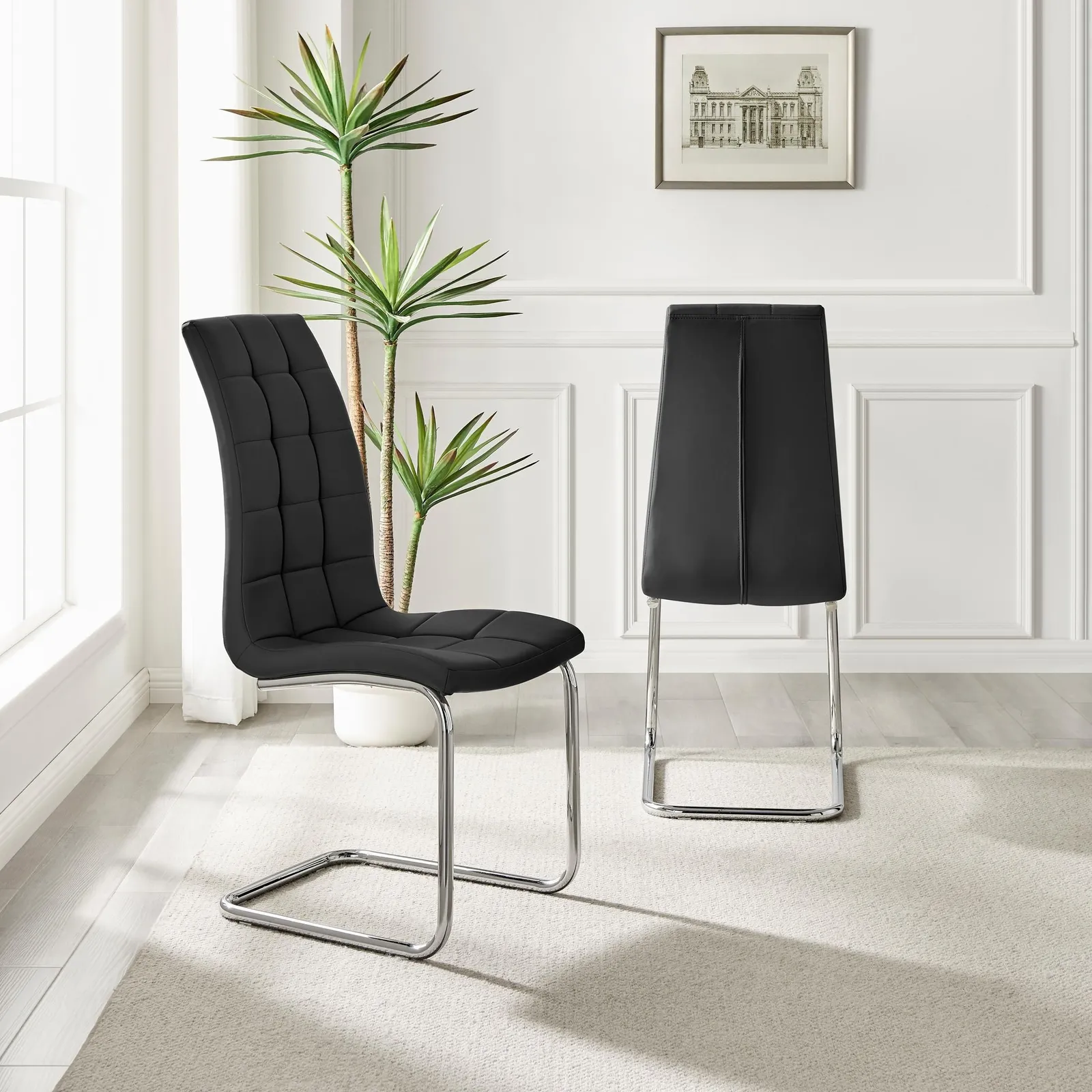 FurnitureboxUK Set of 2 Murano Deep Cushioned Soft Touch Faux Leather Dining Chairs With Silver Chrome Metal Legs in Black 3