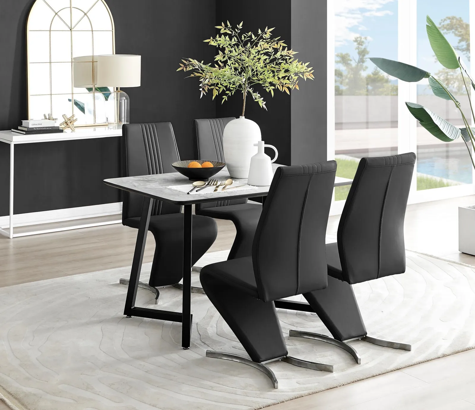 FurnitureboxUK Carson White Marble Effect Dining Table & 4 Willow Chairs in Black 1
