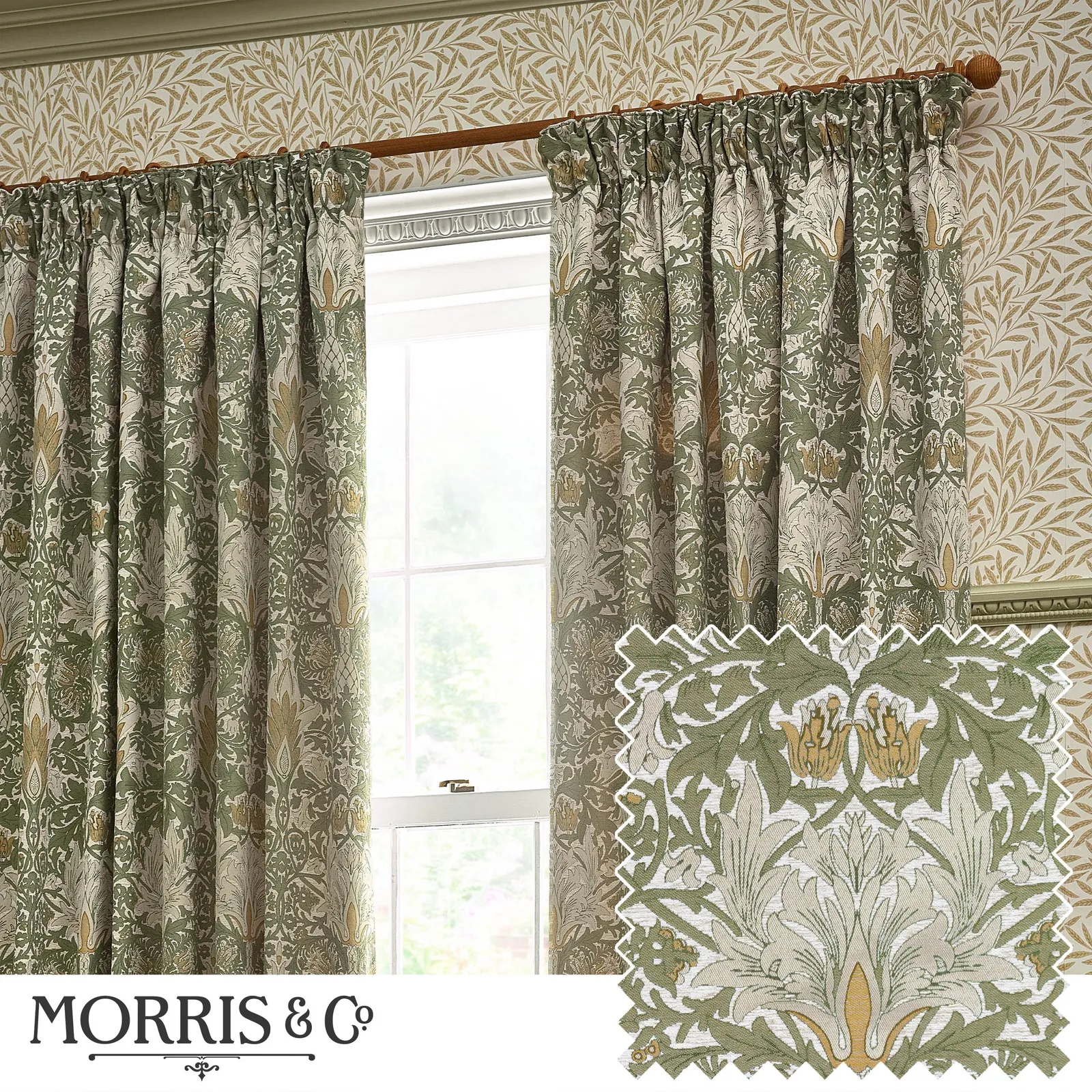 Morris & Co Snakeshead Jacquard Chenille Room Darkening Pencil Pleat Curtains in Stone