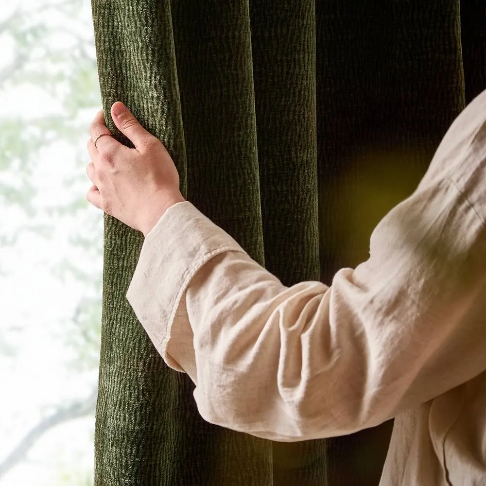 Yard Heath Washed Velvet Fully Lined Eyelet Curtain Pair in Olive 2