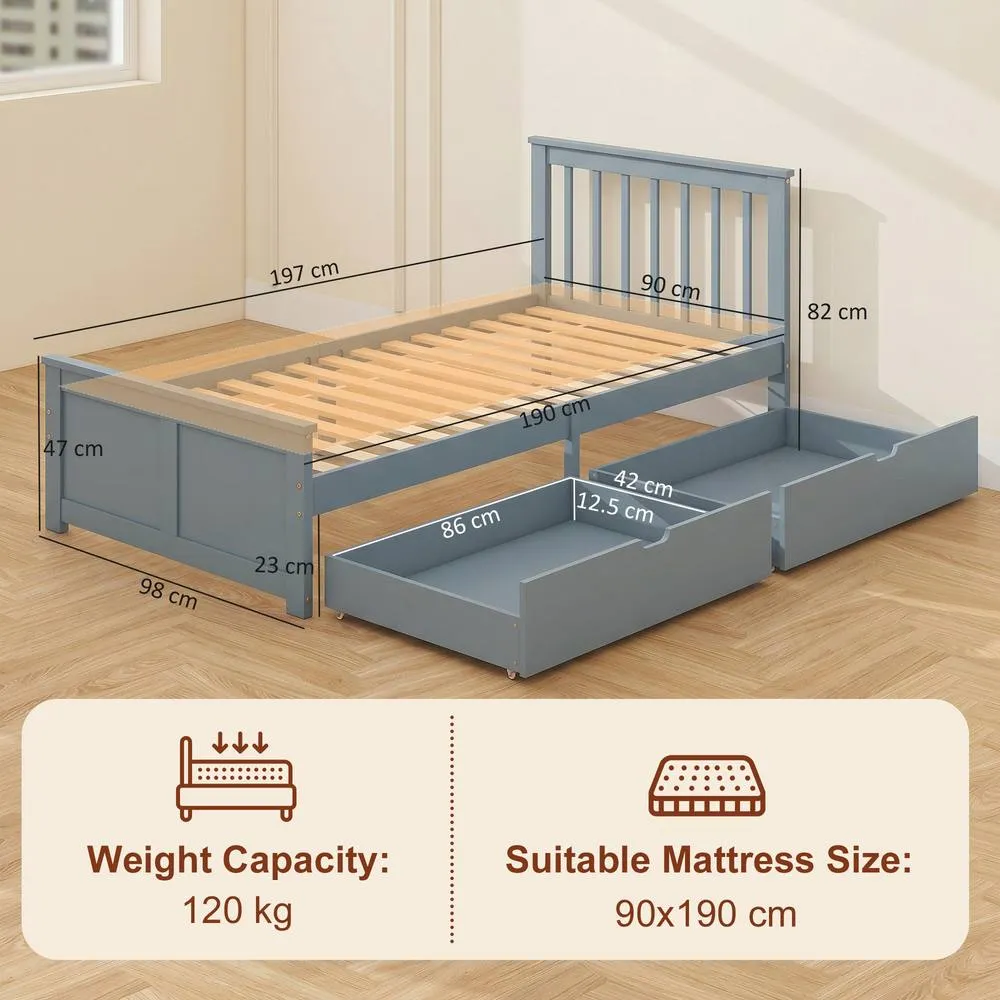 HOMCOM Storage Bed with 2 Drawers, Headboard, Wood Slat Support, Grey 3