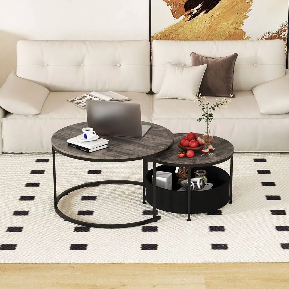 Costway 2PCS Round Coffee Tables Modern 80 & 60 CM Cocktail Tables Side Tables in Grey 2