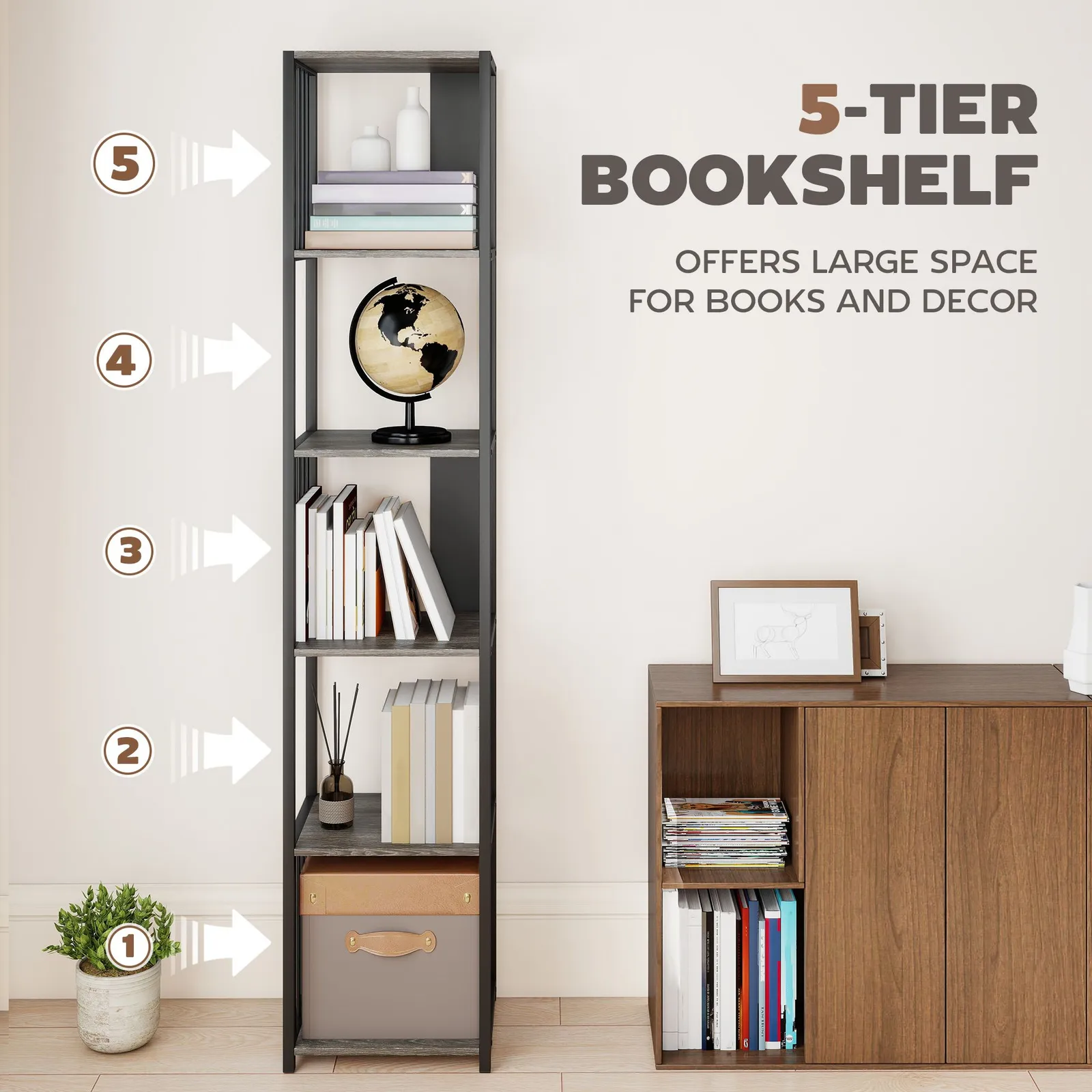 HOMCOM 5-Tier Bookshelf, Freestanding Display Storage Unit, Grey 4