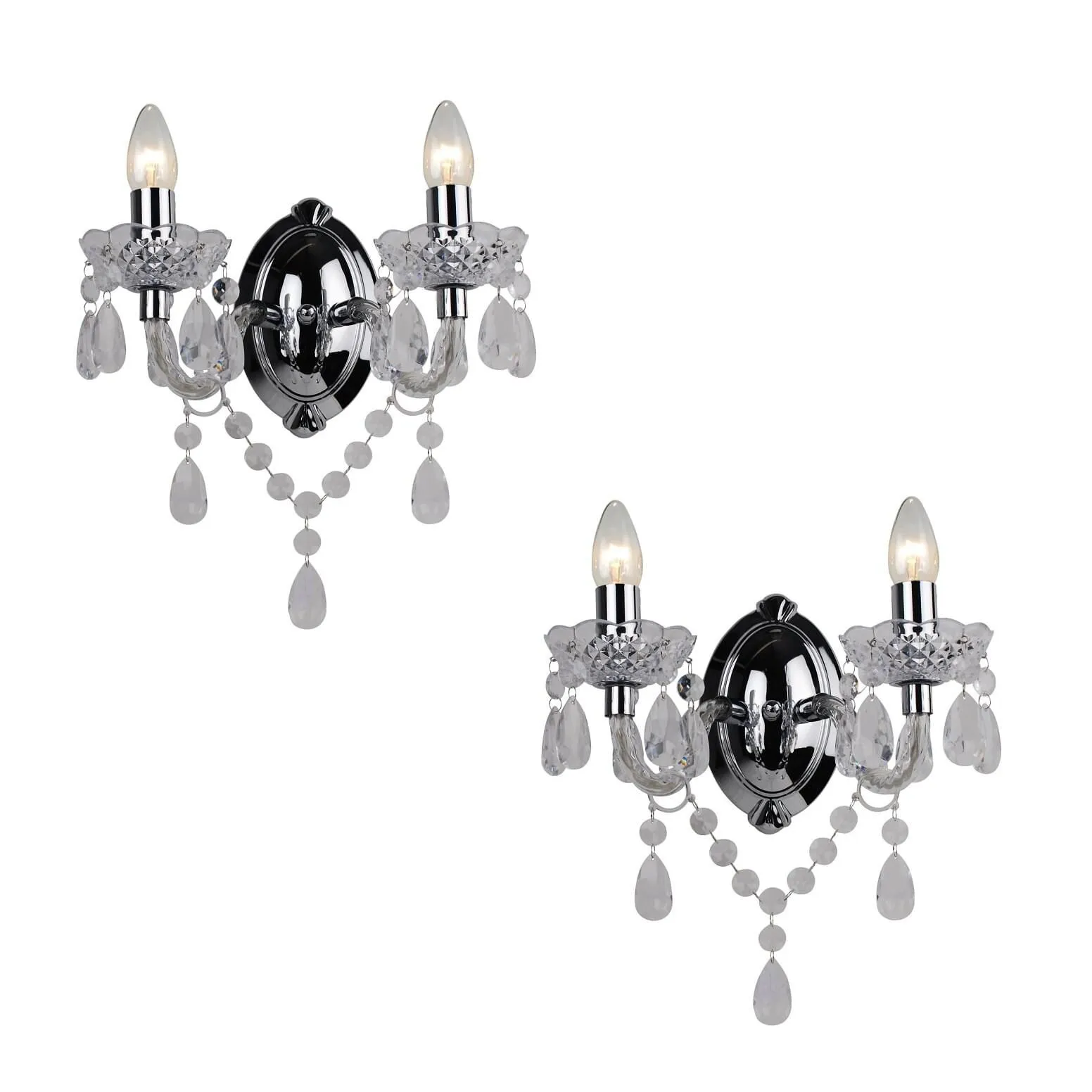 First Choice Lighting Set of 2 Clear & Chrome Marie Therese Style 2 x 40W Wall Light