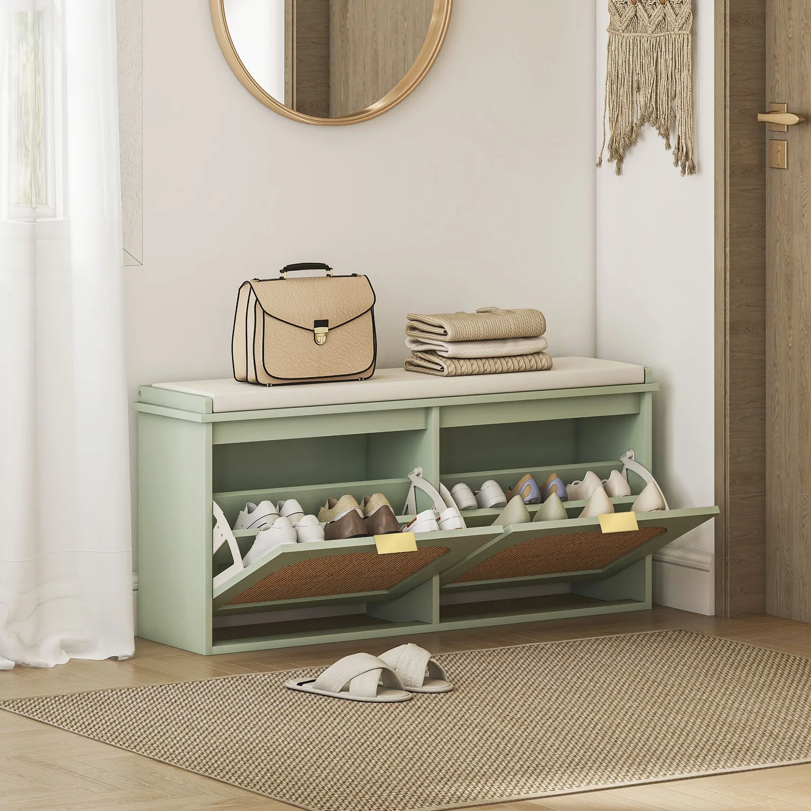 HOMCOM Boho Shoe Bench with Padded Seat & 2 Flip-Drawers in Light Green