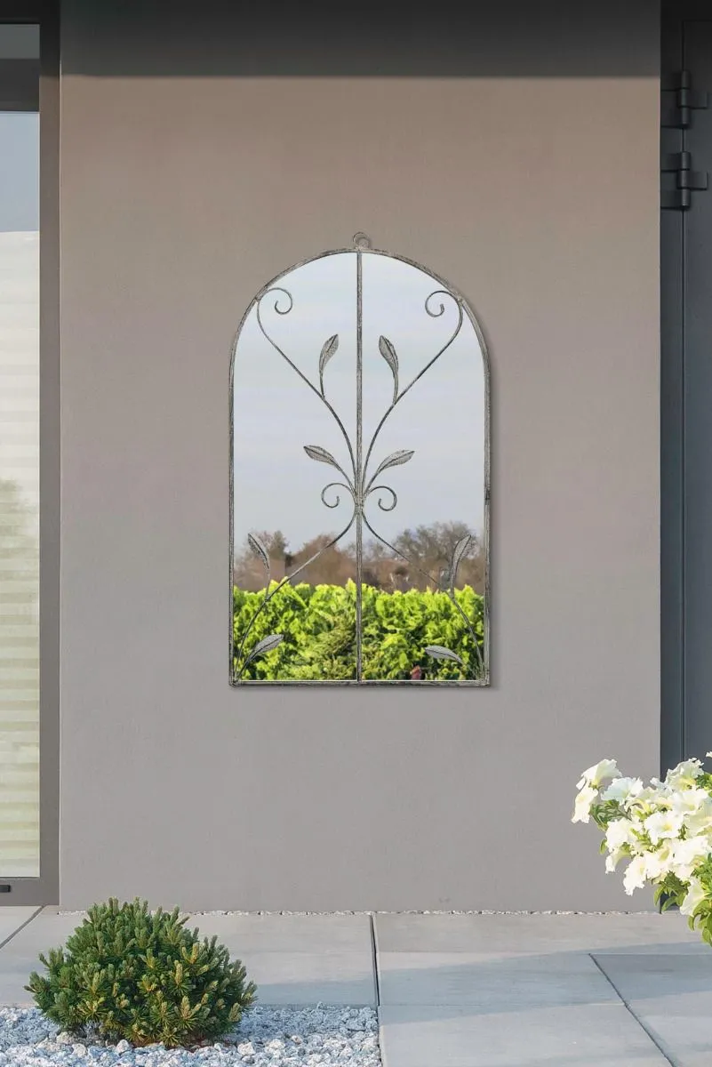 MirrorOutlet Concrete Colour Metal Frame Arched Garden Mirror 31" x 18" 80 x 46CM in Grey