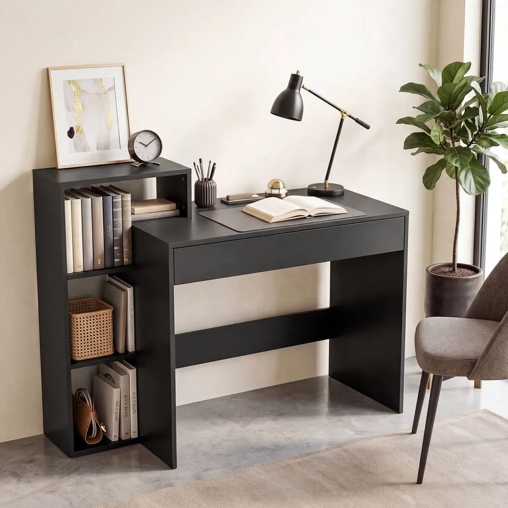 HOMCOM Computer Desk with 3 Open Shelves & Drawer, Black 2