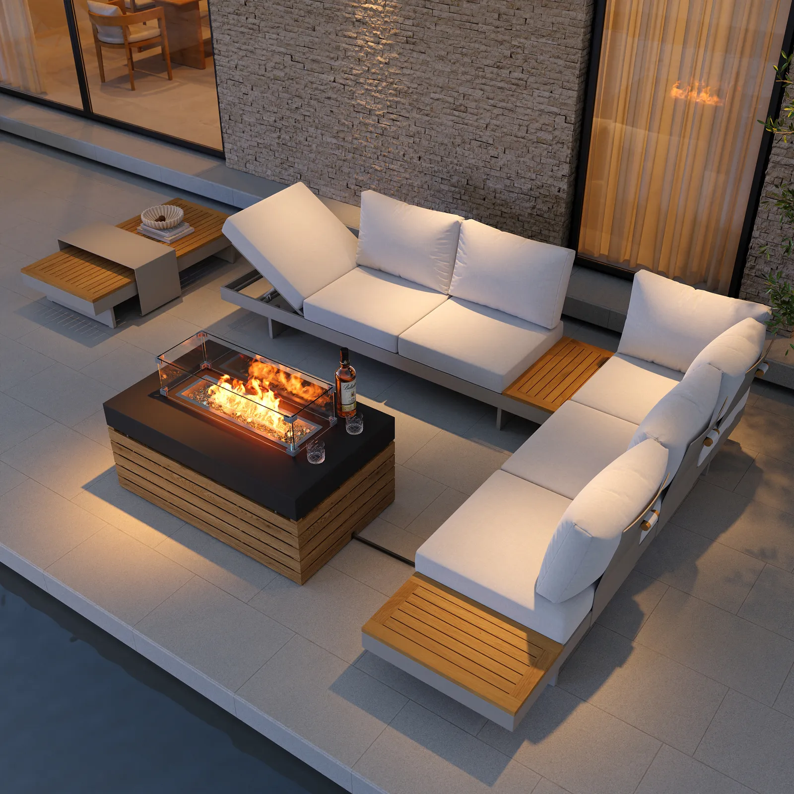 5 PCS L Shaped Outdoor Sectional Sofa Set with Smokeless Propane Fire Pit Table Yard & Patio Furniture for 6 Person Cushion & Pillow Included