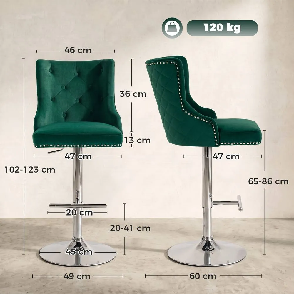 HOMCOM Bar Stools Set of 2, Swivel Velvet Barstools with Footrest, Green in Dark Green 3
