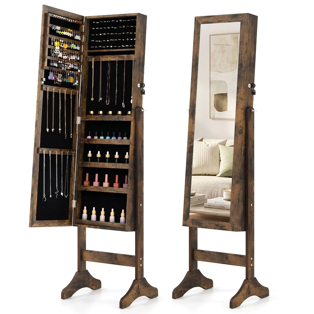 Costway Freestanding Jewelry Armoire Cabinet with Full Length Mirror in Brown 5