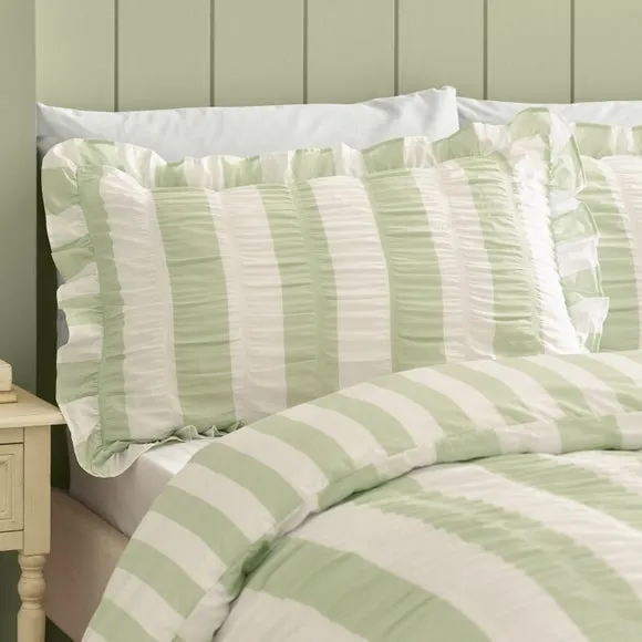 Catherine Lansfield Seersucker Frill Stripe Polycotton Duvet Cover & Pillowcase Set 2