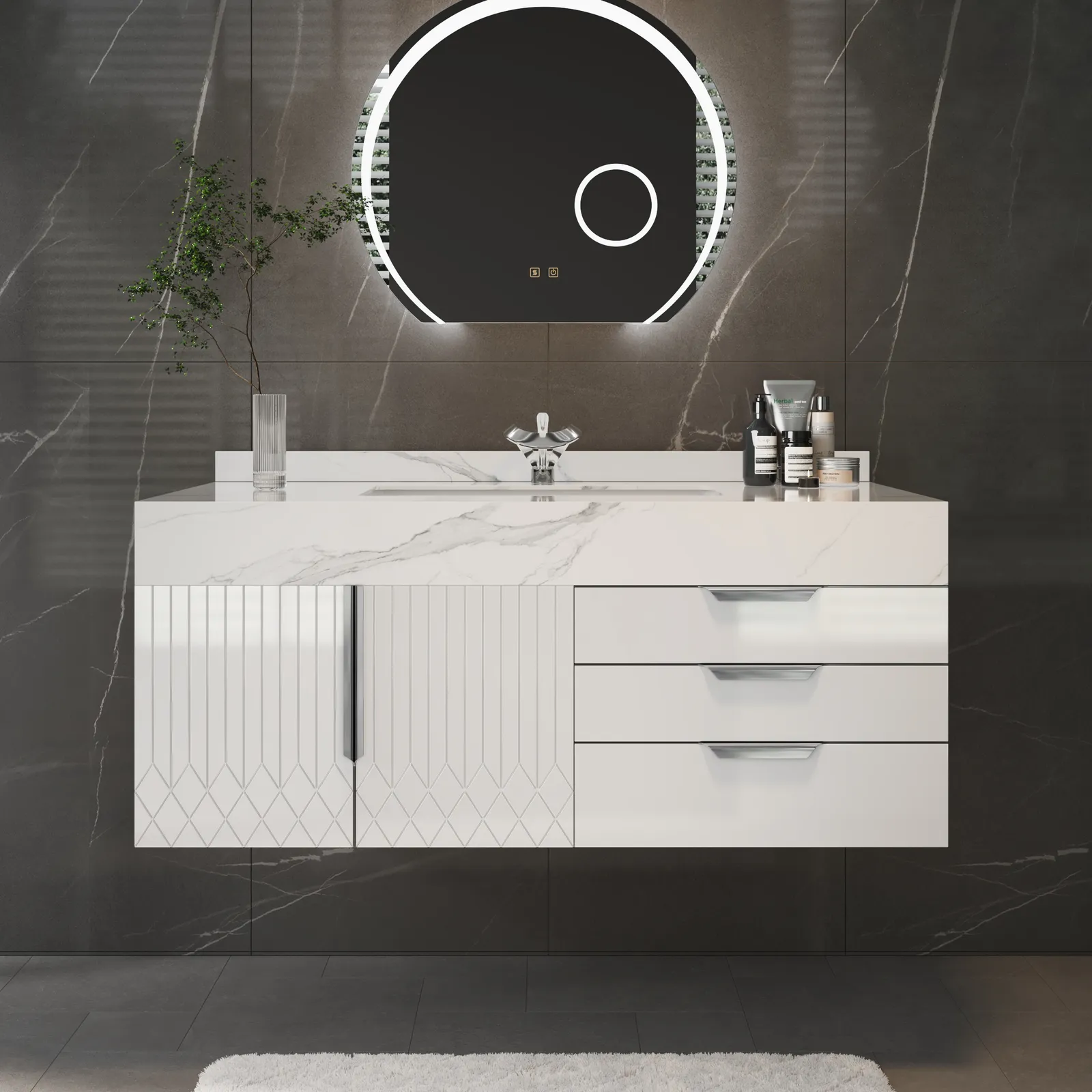 Aro 90 cm White Wall Mounted Bathroom Vanity Drawers Faux Marble Top