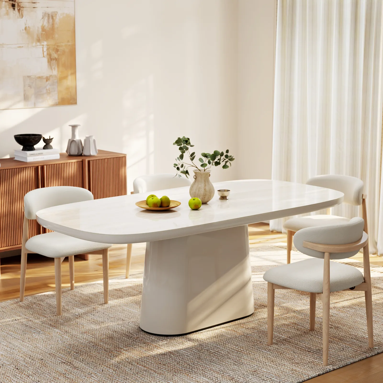 Modern 79" Oval Faux Travertine Sintered Stone Dining Table, Seats 6