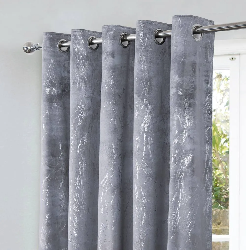 Smart Living Marble Effect Velvet Eyelet Curtains - Thermal Blackout - 2 Panels in Grey 6