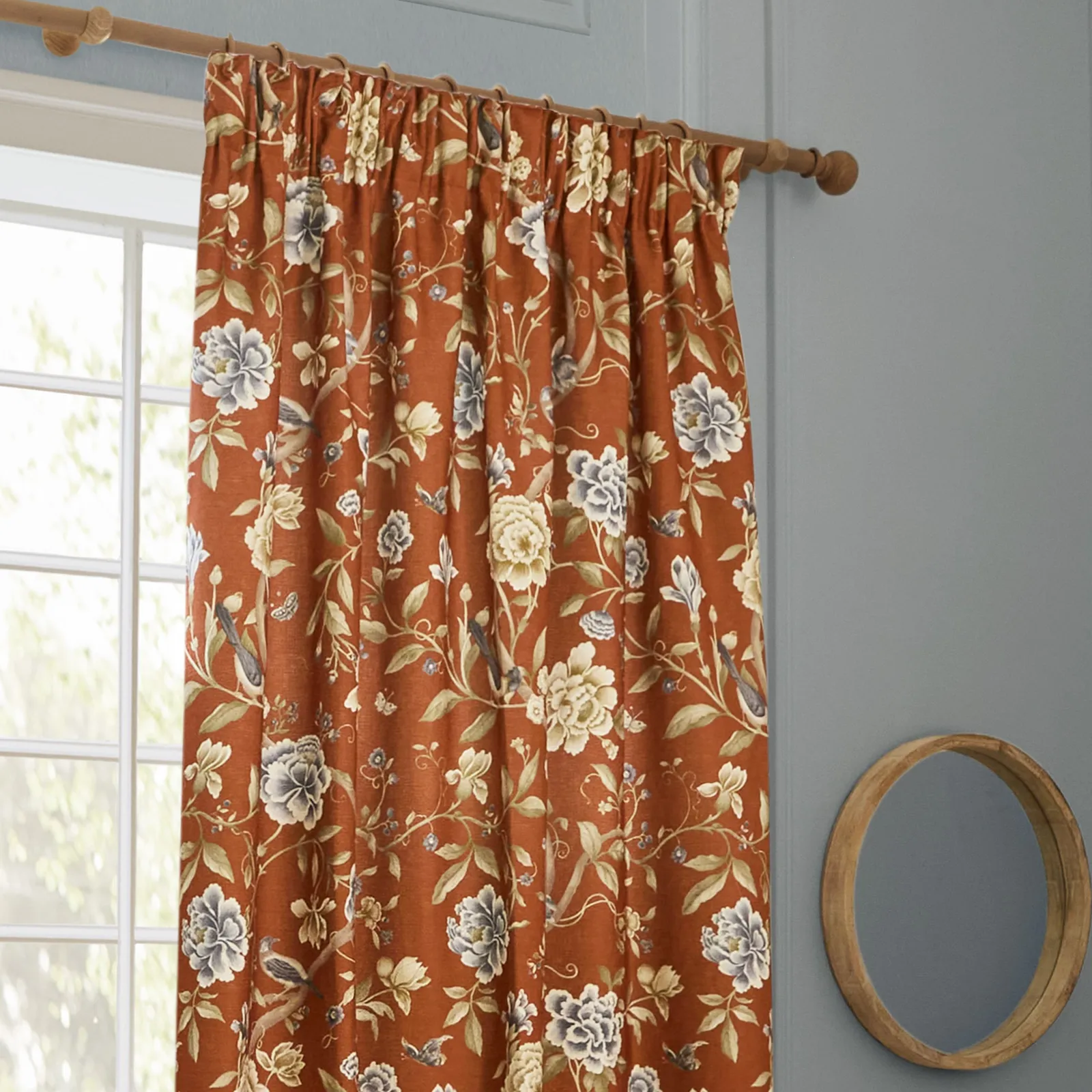 Sanderson Porcelain Garden Printed Chenille Room Darkening Pencil Pleat Curtains in Burnt Orange 3