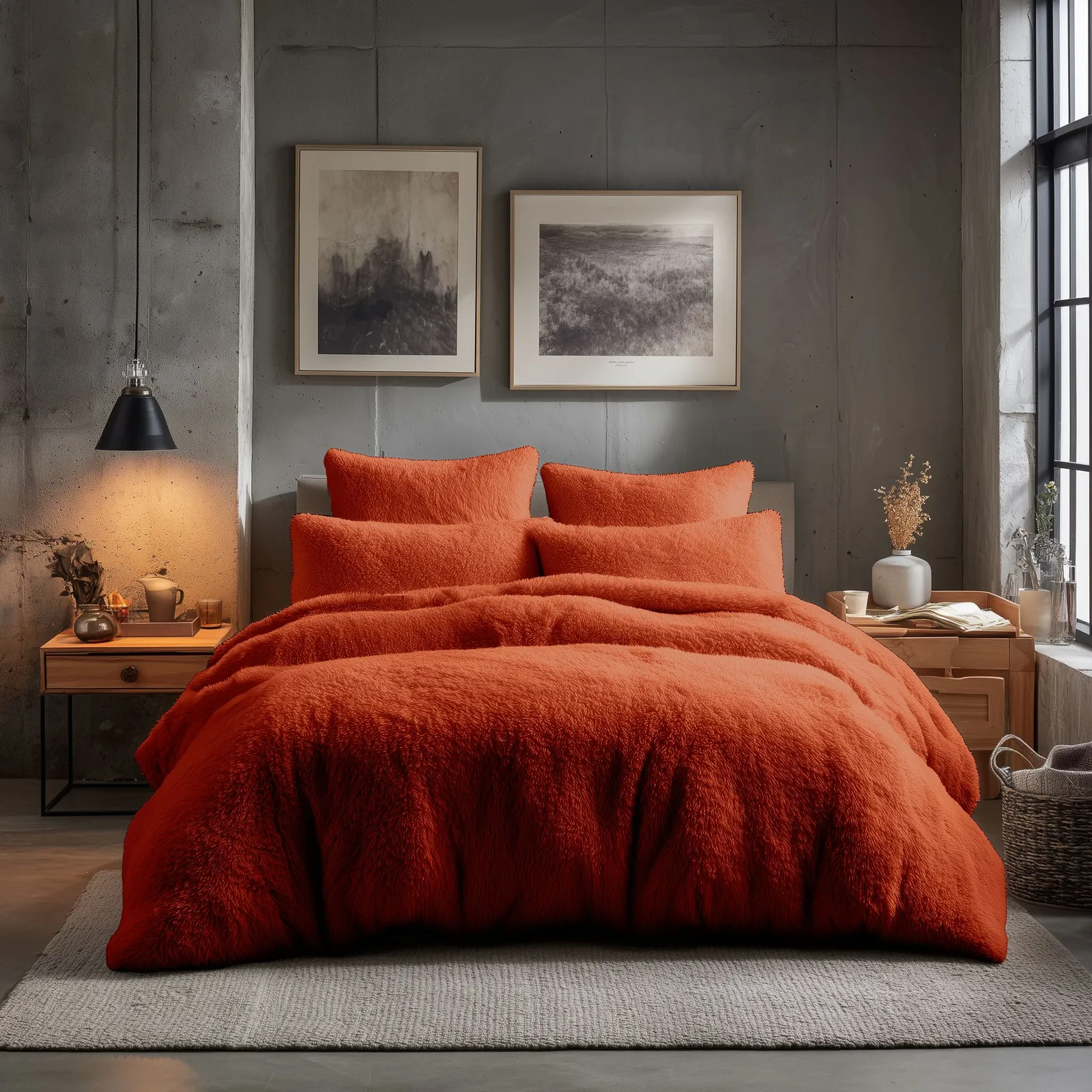 Snug City Teddy Bear Fleece Soft Cosy Duvet Cover + Pillow Case Set in Tangerine