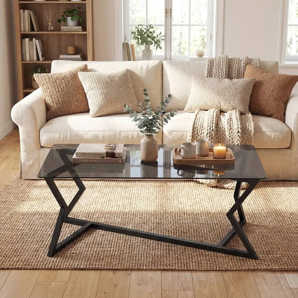 Costway Glass Coffee Table Rectangle Center Table Modern Accent Tea Table in Black 6