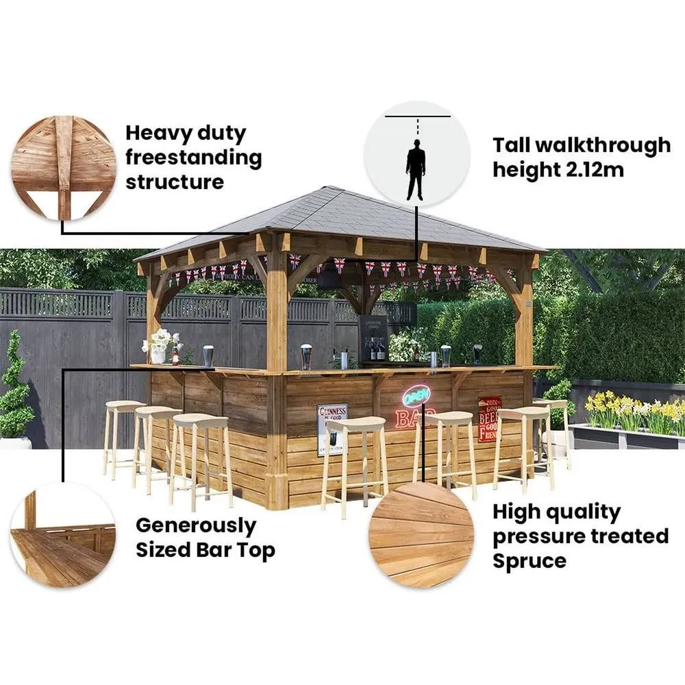 Dunster House Garden Bar 3x3m Wooden Outdoor Pub Shed Kiosk Counter, Leviathan in Brown 4