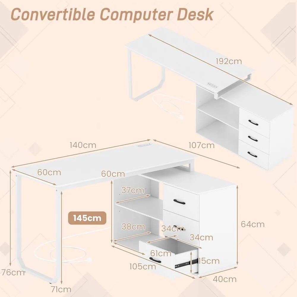 Costway 140cm Reversible L Shaped Desk w/ Power Outlet Study Writing Table in White 3