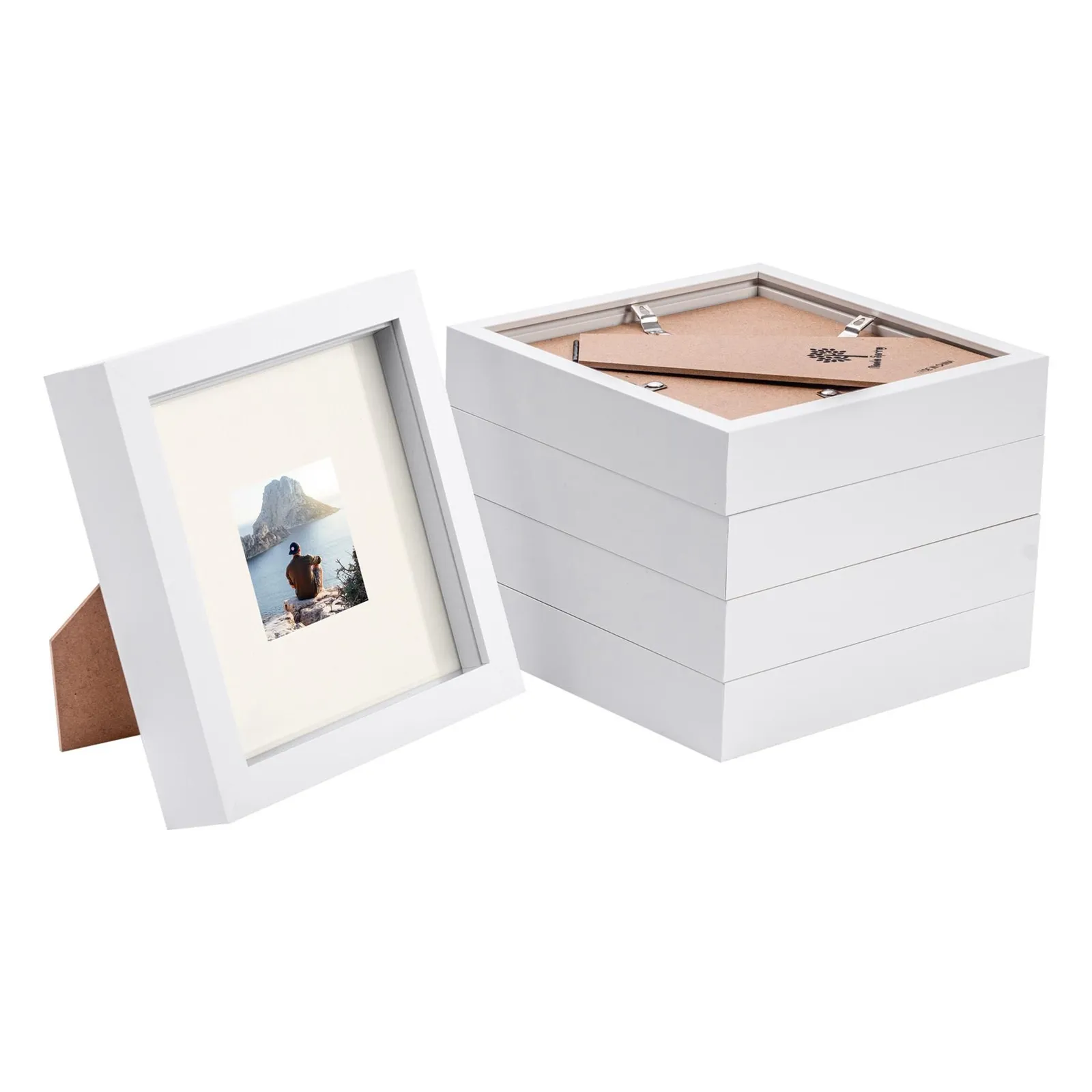 Nicola Spring 6" x 6" White 3D Box Photo Frames - 2" x 2" Mount - Pack of 5 in Ivory