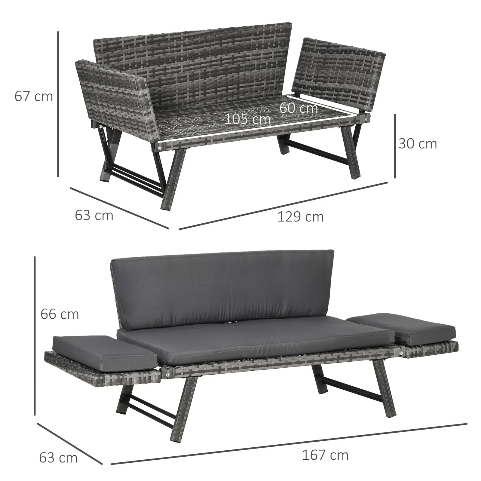 OUTSUNNY 2 in 1Rattan Folding Chaise Lounger w/ Cushion for Garden in Grey 3