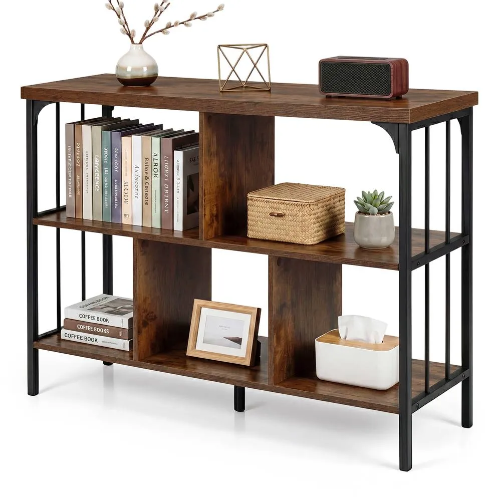 Costway 3-Tier Bookshelf Open Bookcase with 2 Anti-Tipping Kits Metal Frame in Brown 5