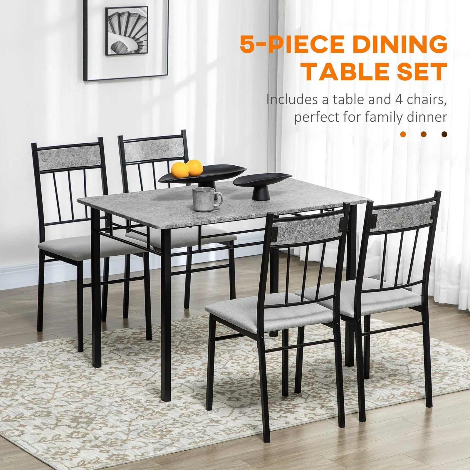 HOMCOM Modern Dining Table & Chairs Set 4 with Padded Seat Metal Frame in Light Grey 4