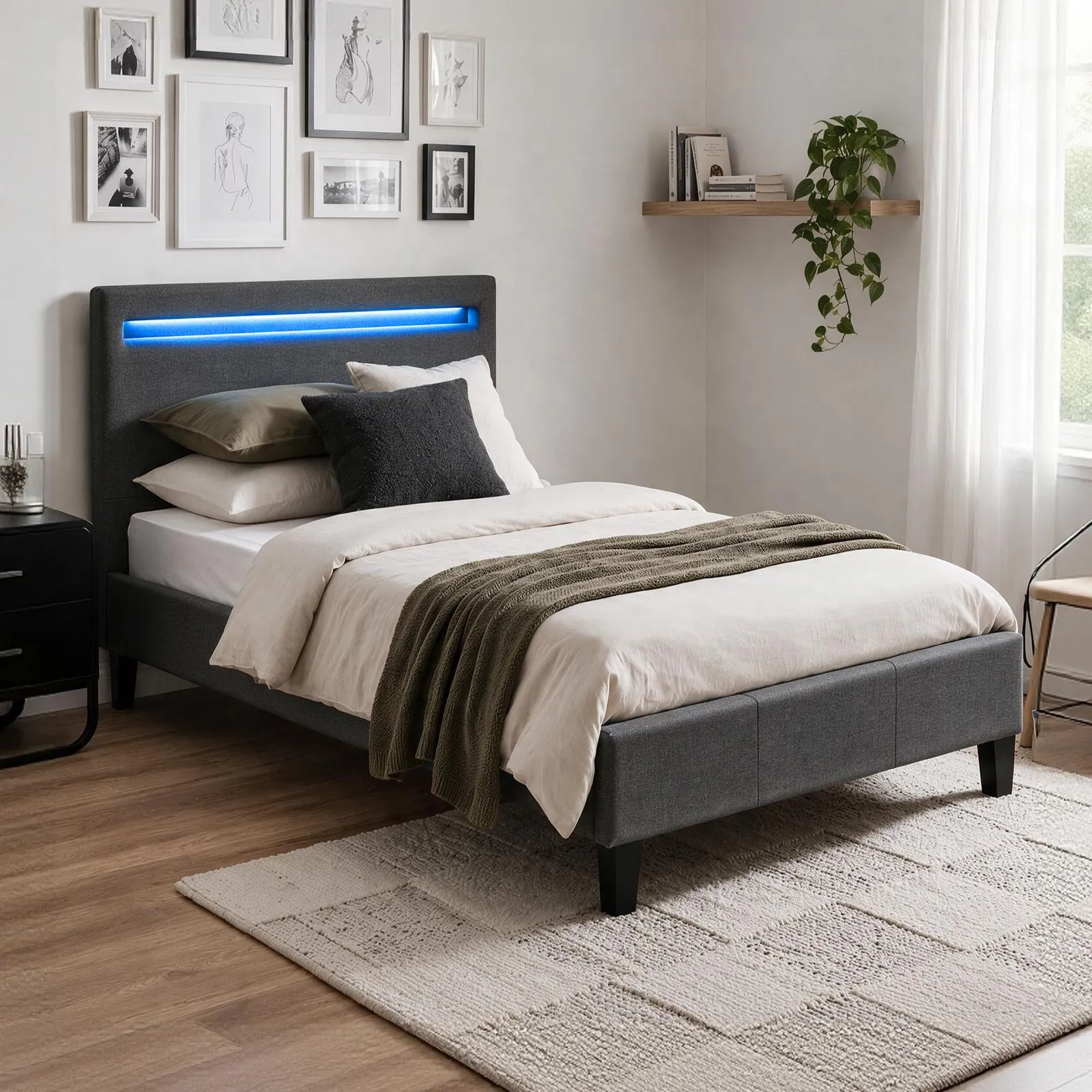 Comfy Living Ltd Modern Hopsack Fabric Upholstered Bedframe With LED Strip in Dark Grey 1