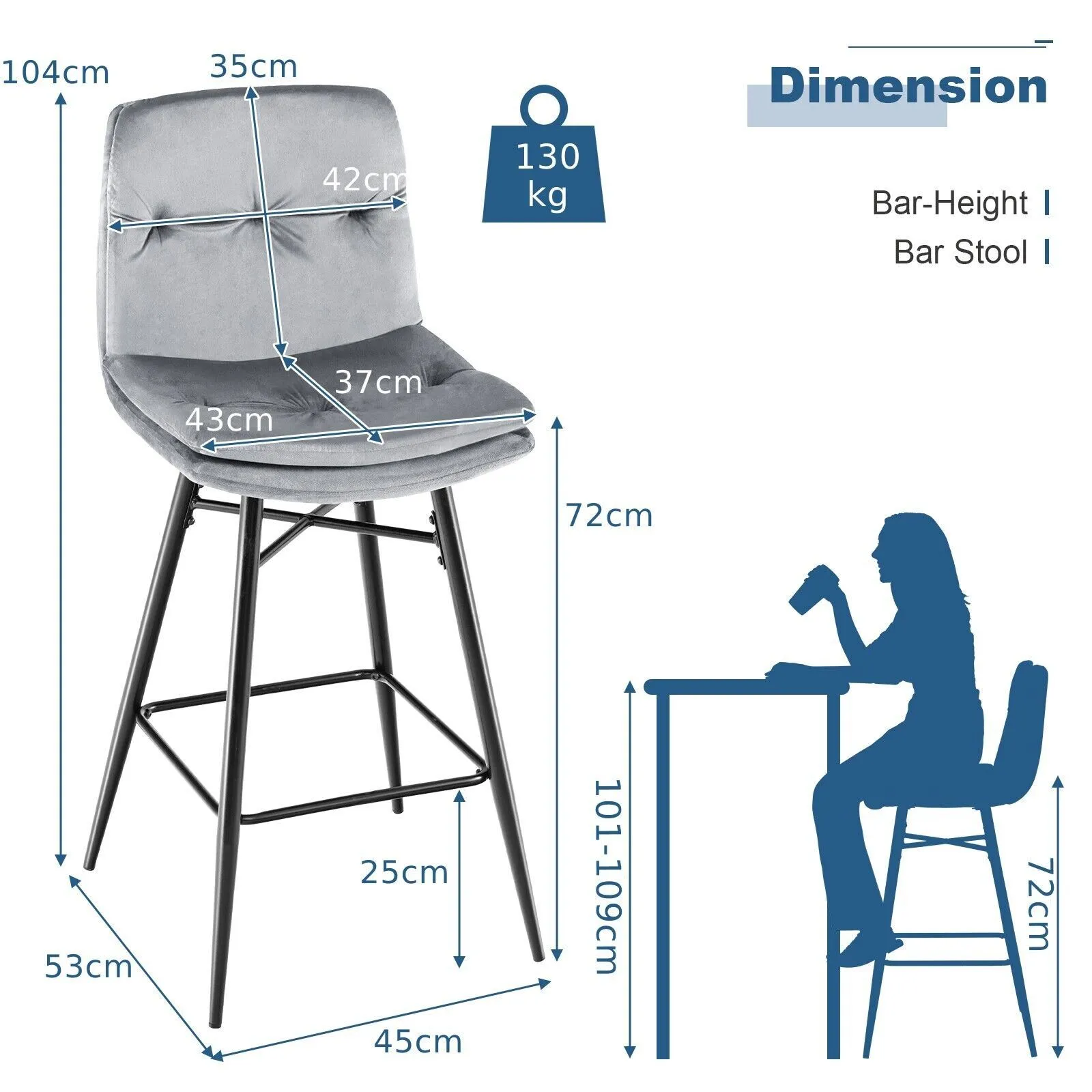 Costway Set of 2 Bar Stools Velvet Counter Height Chair Upholstered High Dining Chairs in Grey 2