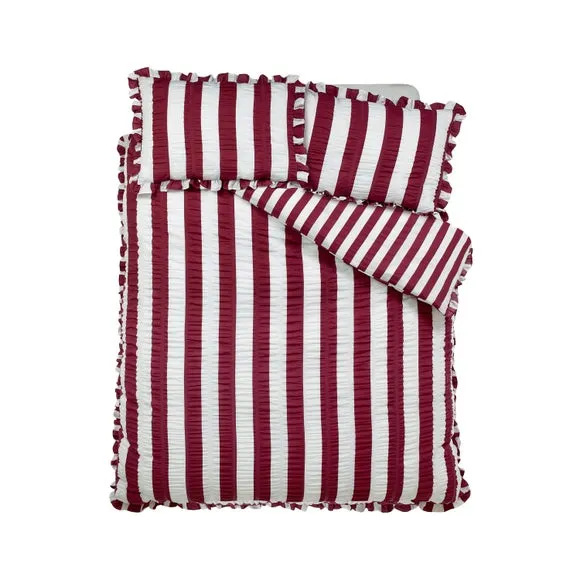 Catherine Lansfield Seersucker Frill Stripe Polycotton Duvet Cover & Pillowcase Set 4
