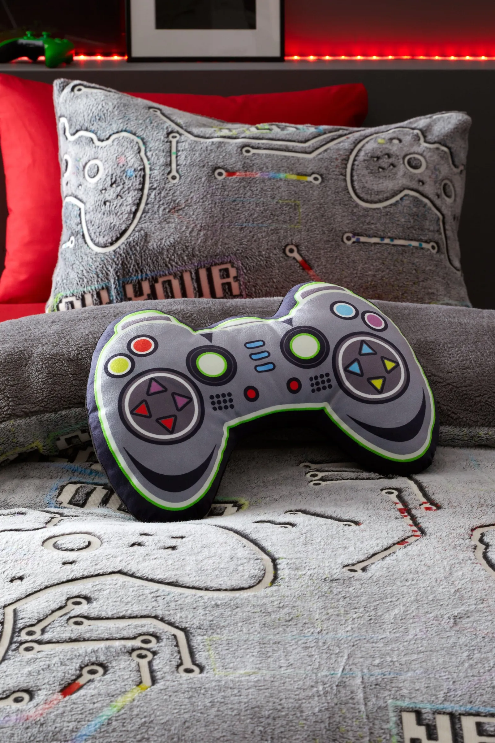 Catherine Lansfield 'Game Over' Glow in the Dark Fleece 3D Shaped Cushion in Black