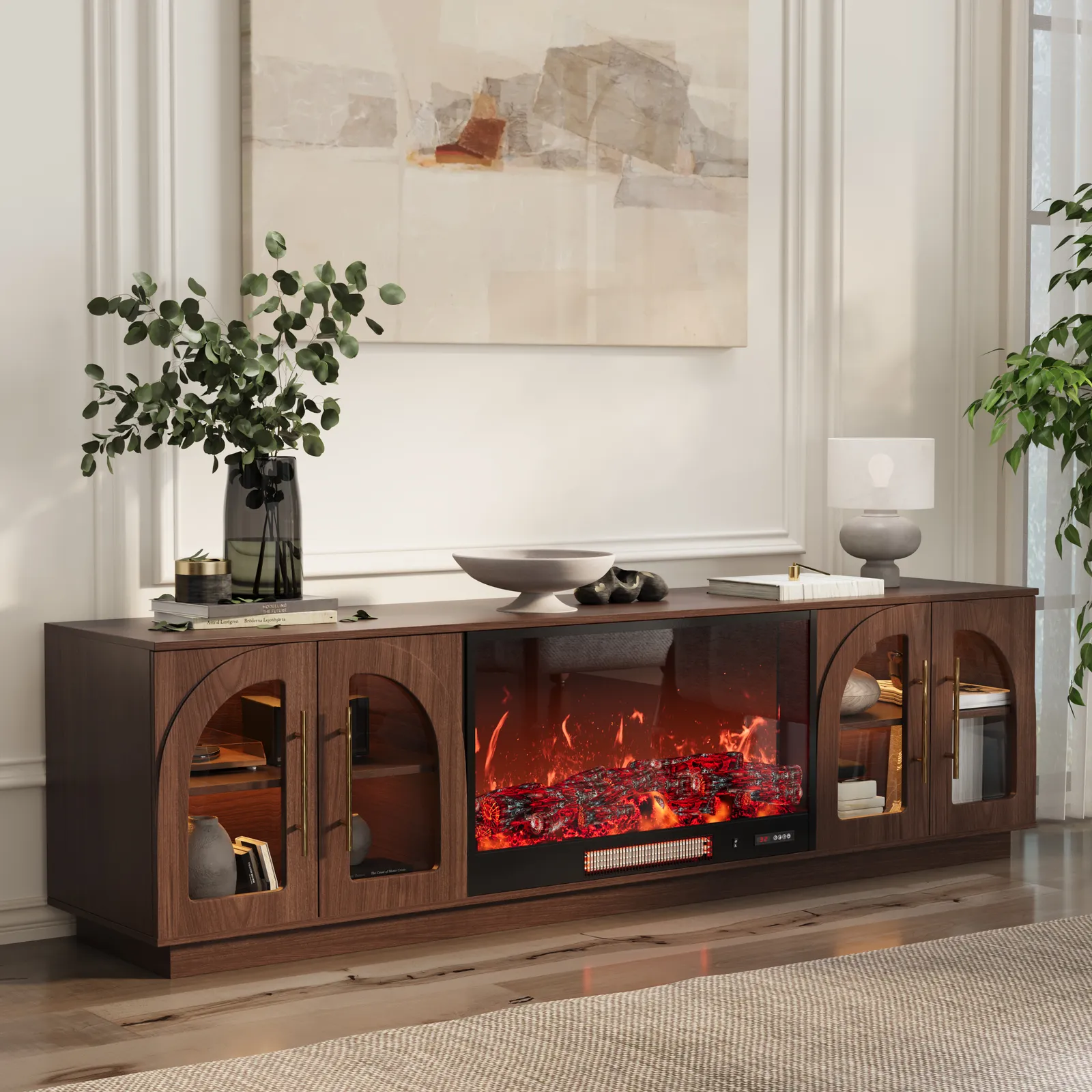 Arune 80" Arched Glass Doors Electric Fireplace TV Stand with Remote Control