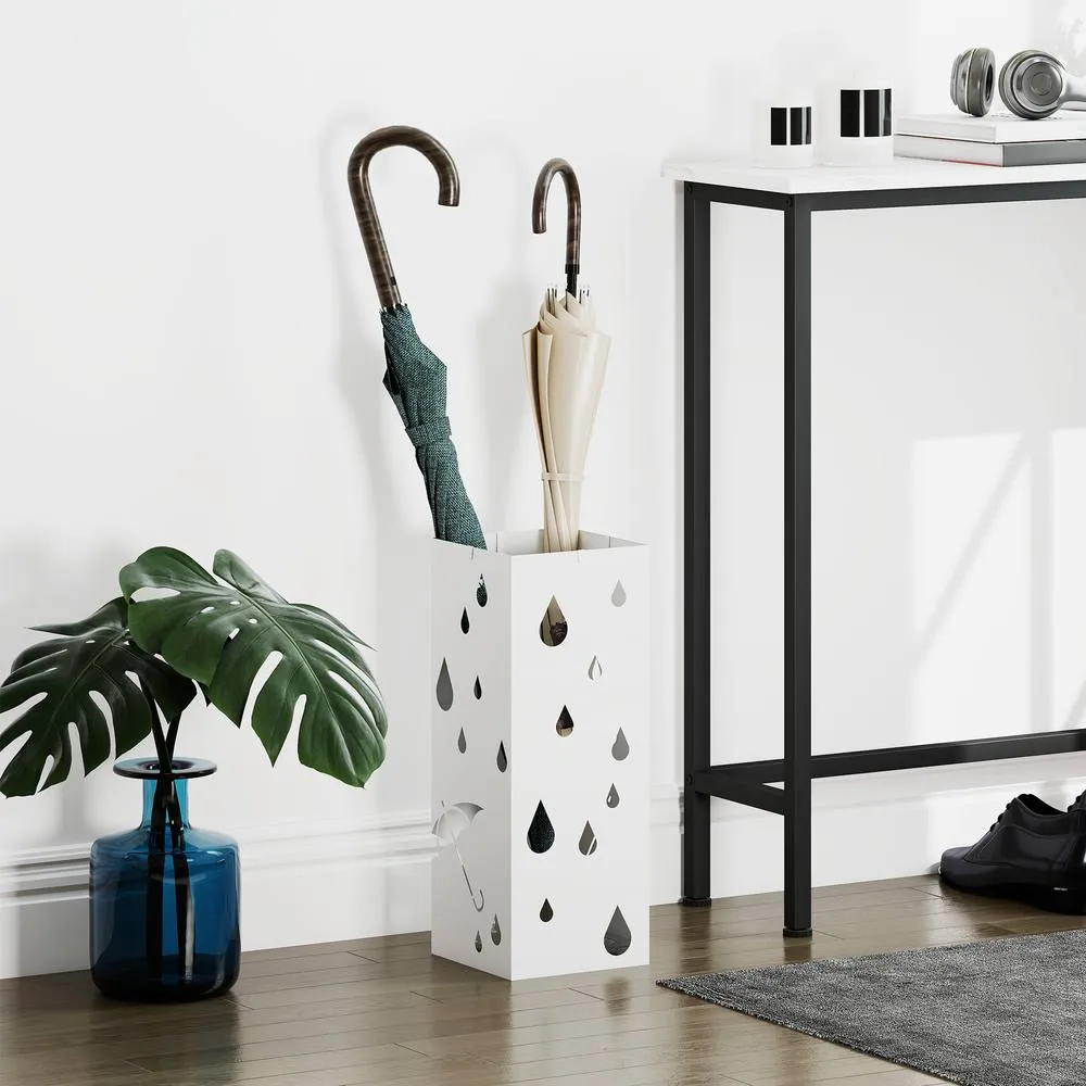 HOMCOM Metal Umbrella Stand, Square Umbrella Basket with 4 Hooks Drip Tray White