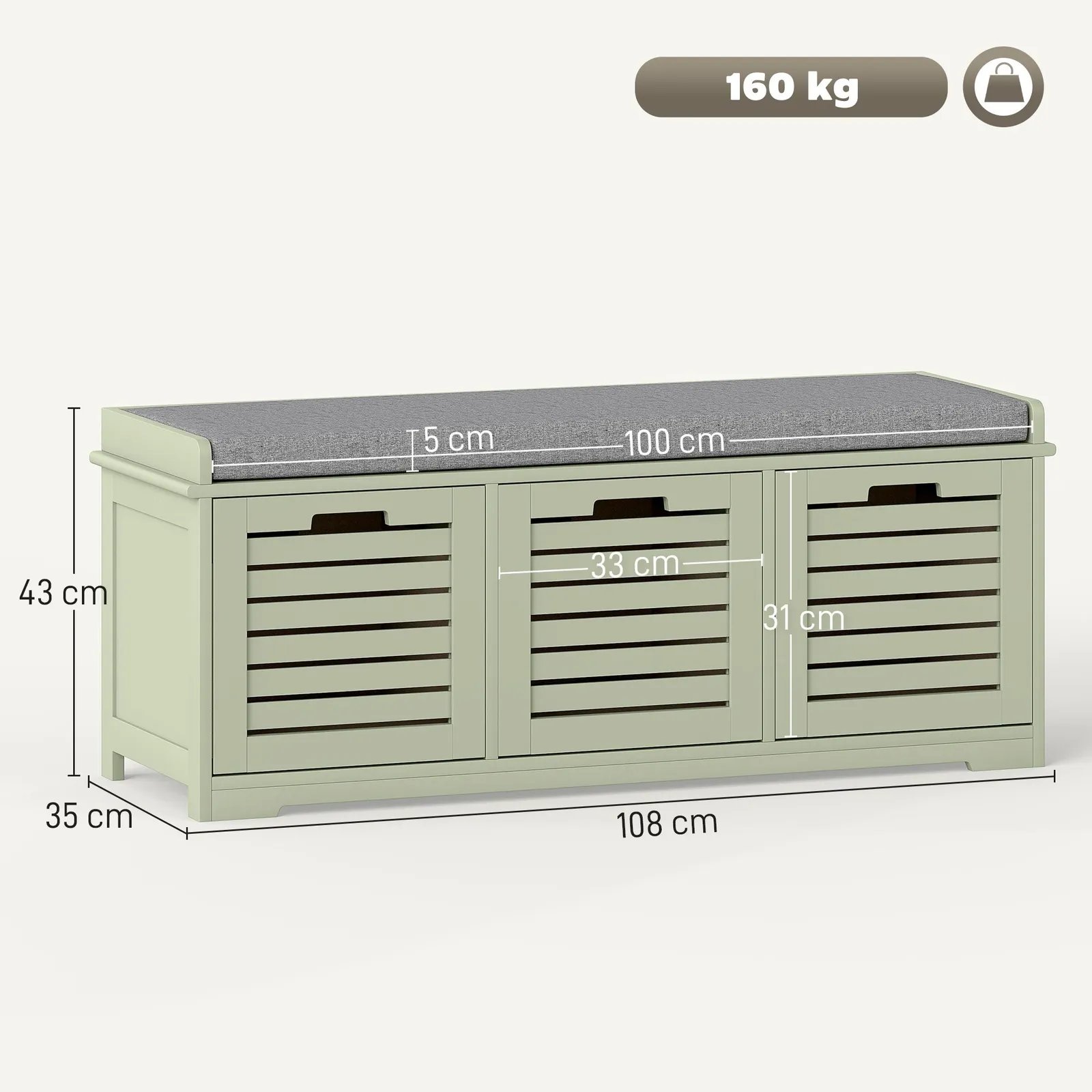 HOMCOM 3-Door Shoe Storage Bench Cushion Seat Slatted Doors in Green 3