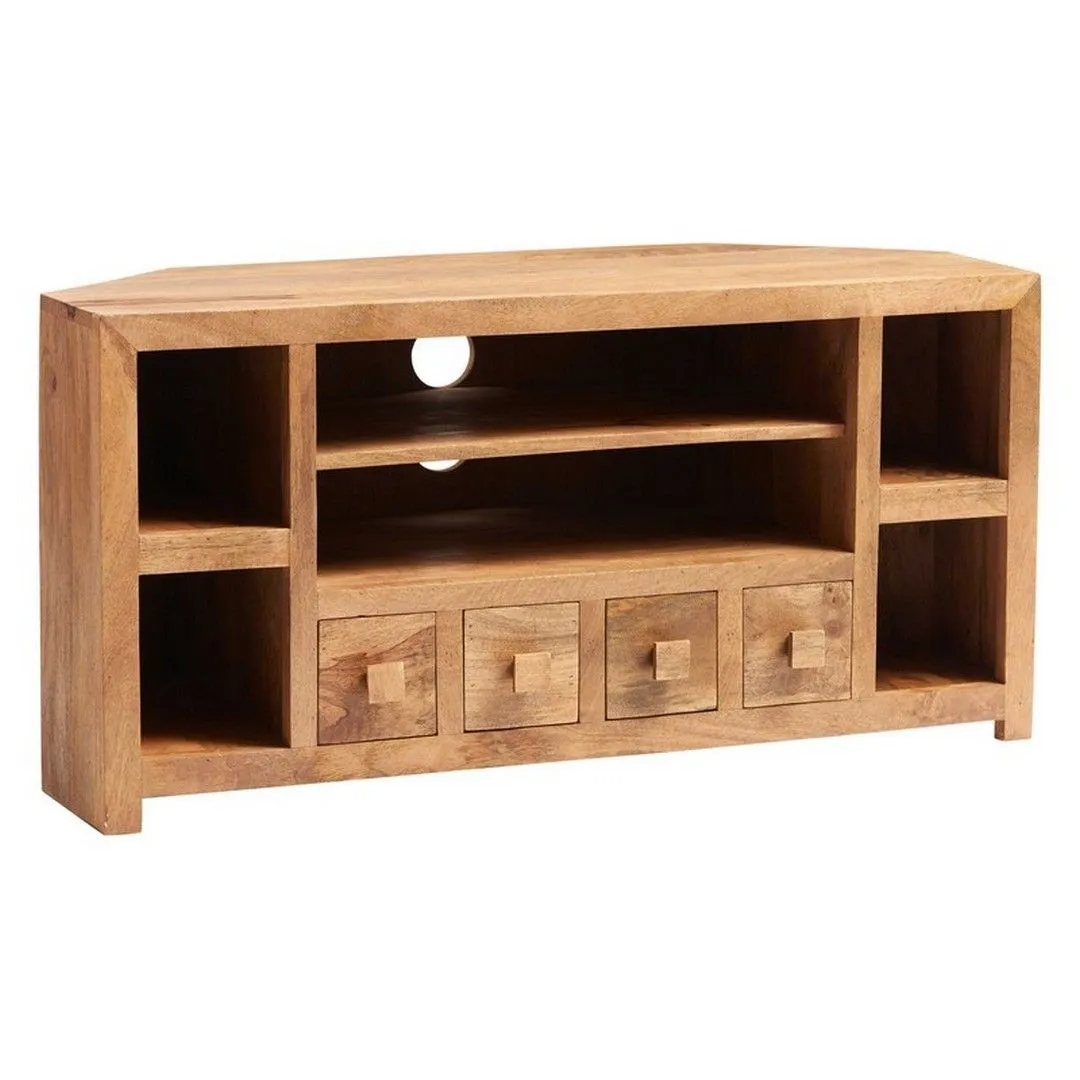 Indian Hub Toko Light Mango Corner TV Unit Open - L45 x W110 x H55 cm in Brown