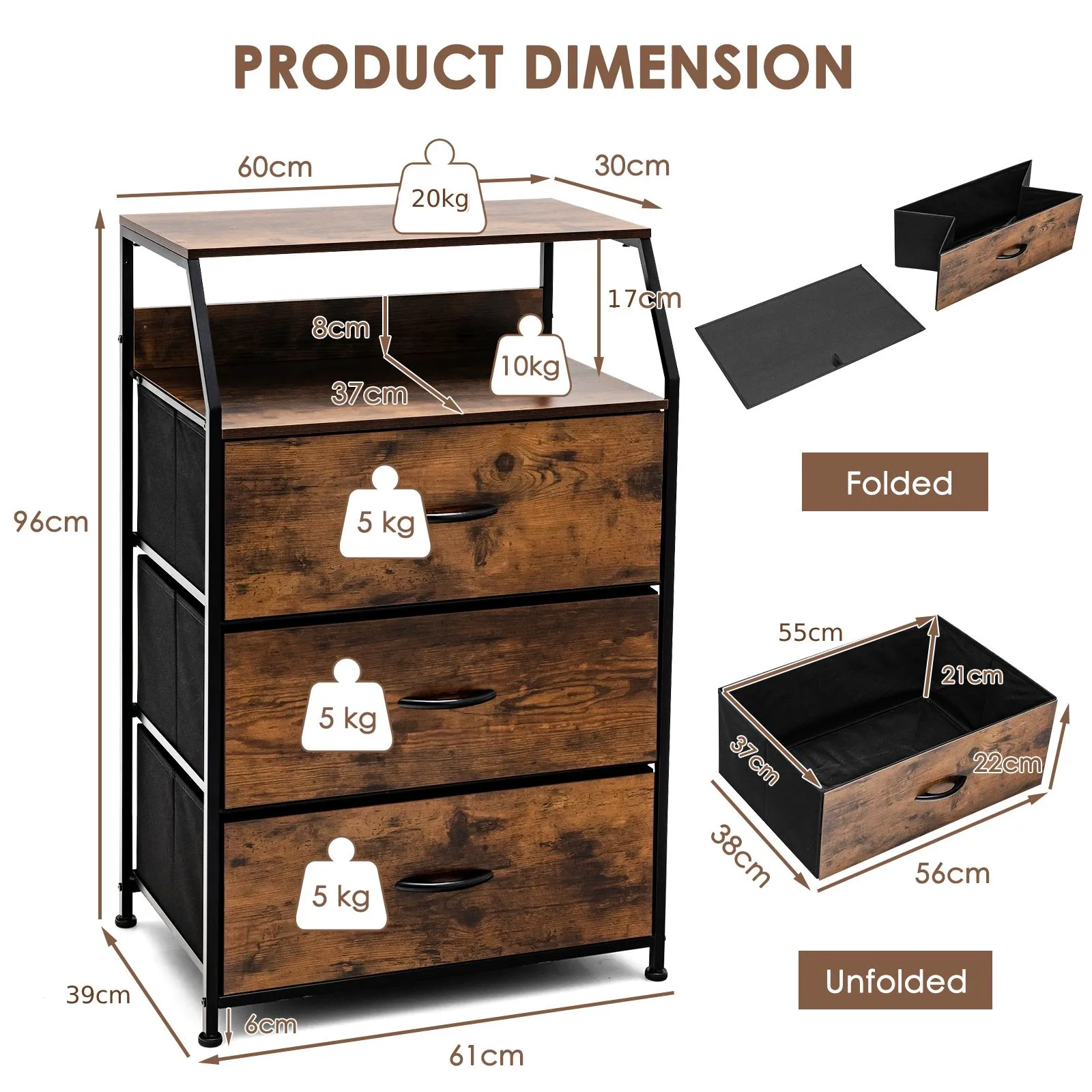 Costway 3 Drawer Dresser with with Top Shelf Foldable Drawer Chest Cabinet in Brown 2