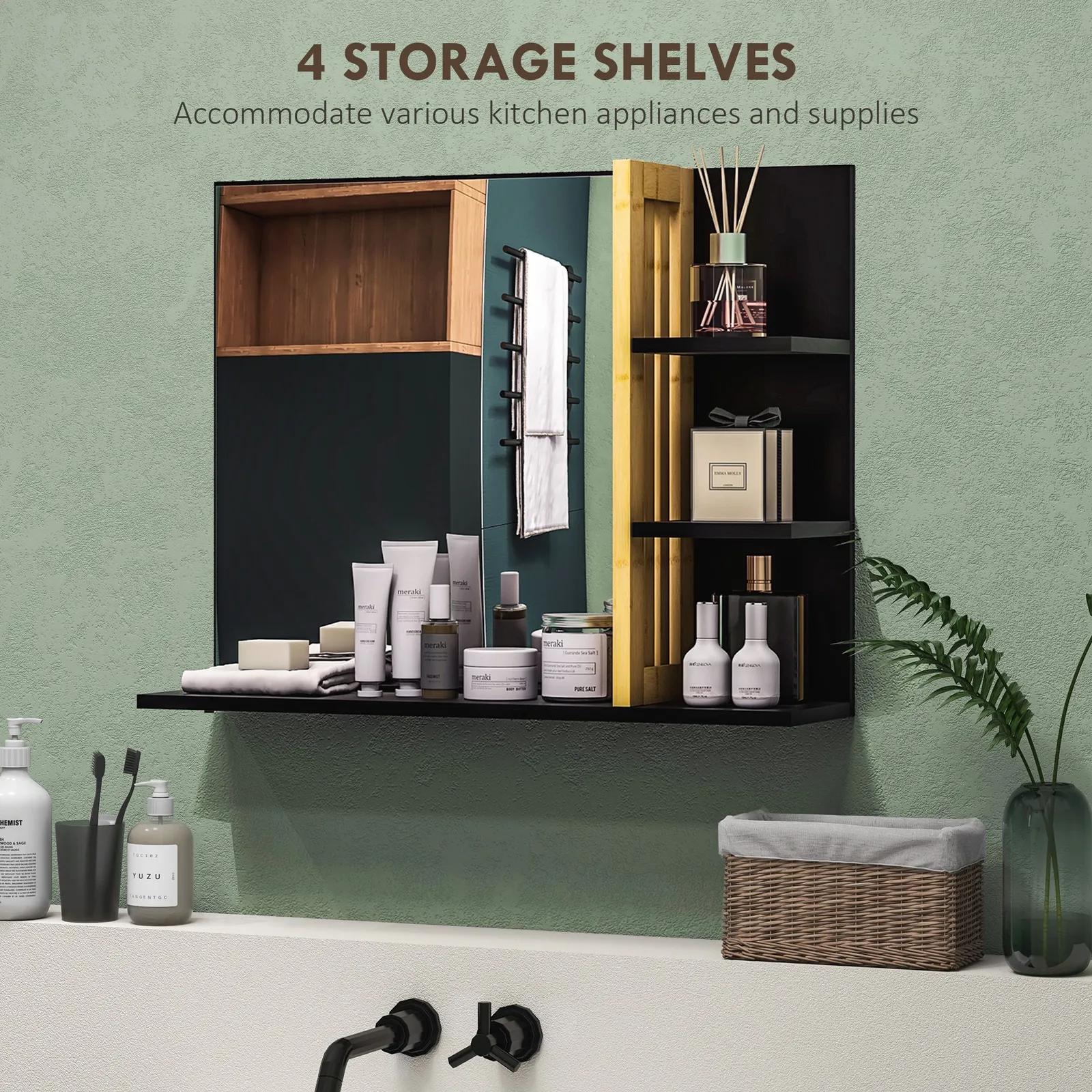 HOMCOM Modern Wall Mounted Bathroom Mirror with 4 Storage Open Shelves Black 4