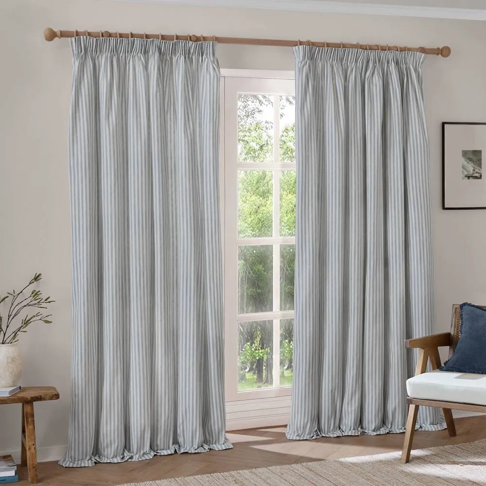 Yard Hebden Striped 100% Cotton Blackout Pencil Pleat Curtain Pair in Blue 2