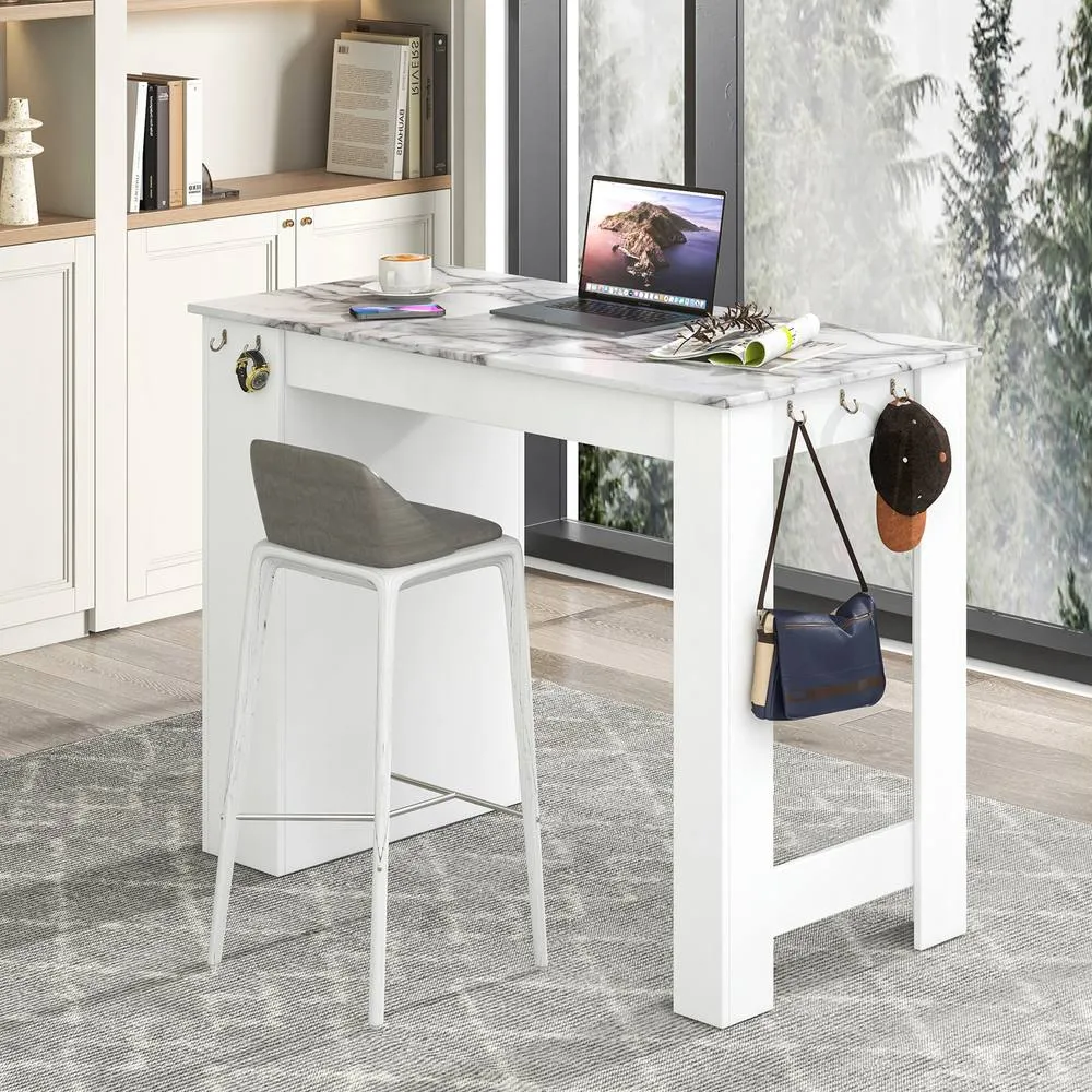 Costway Faux Marble Bar Table Pub Table w/Hooks & Cabinet Kitchen Dining Table in White 5