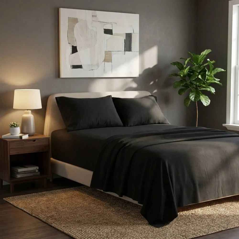 Snug City Soft Plain Brushed Cotton Fitted Flat Sheet Matching Pillowcases Set in Black