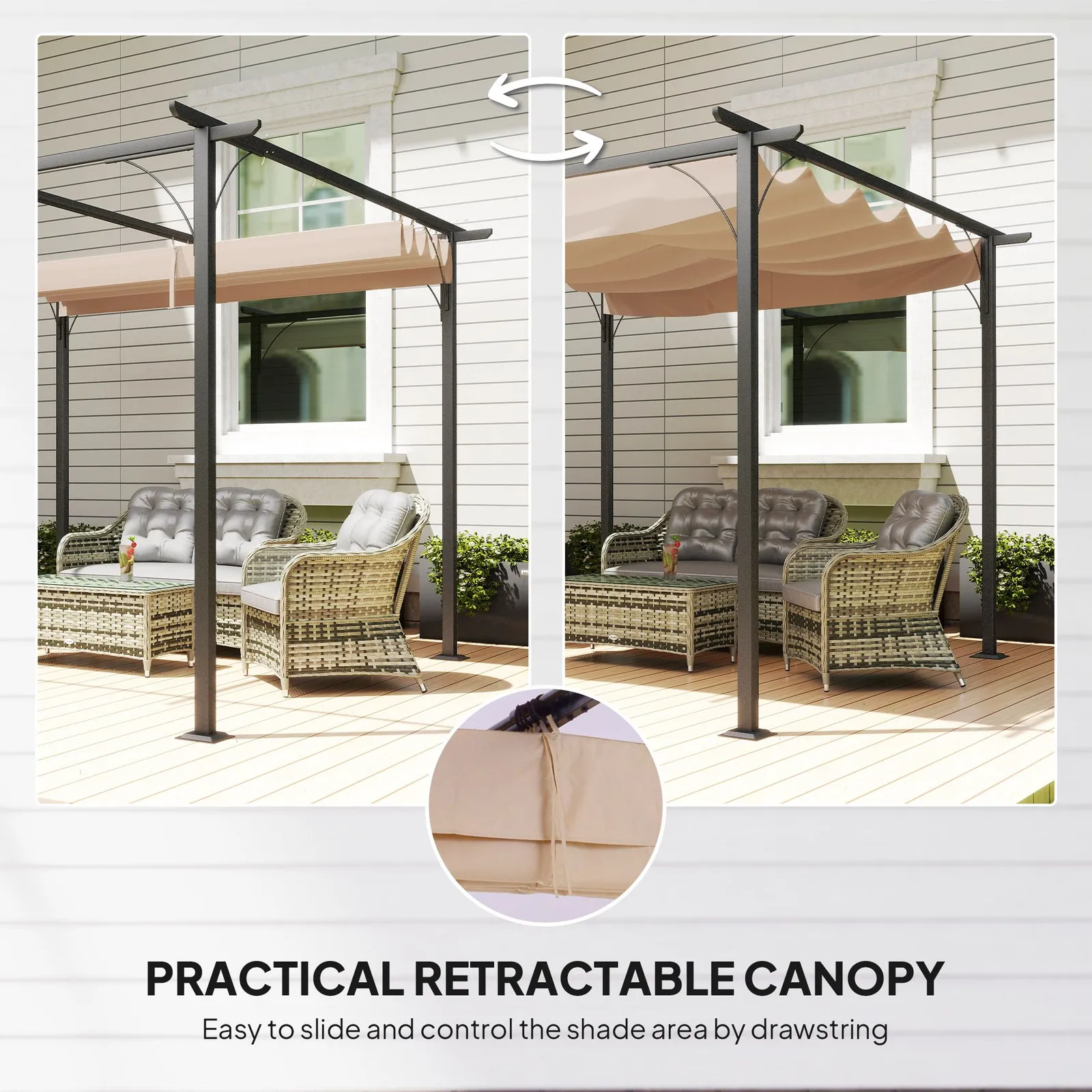 OUTSUNNY 3x3m Outdoor Pergola Metal Gazebo Porch Awning Retractable Canopy in Beige 5
